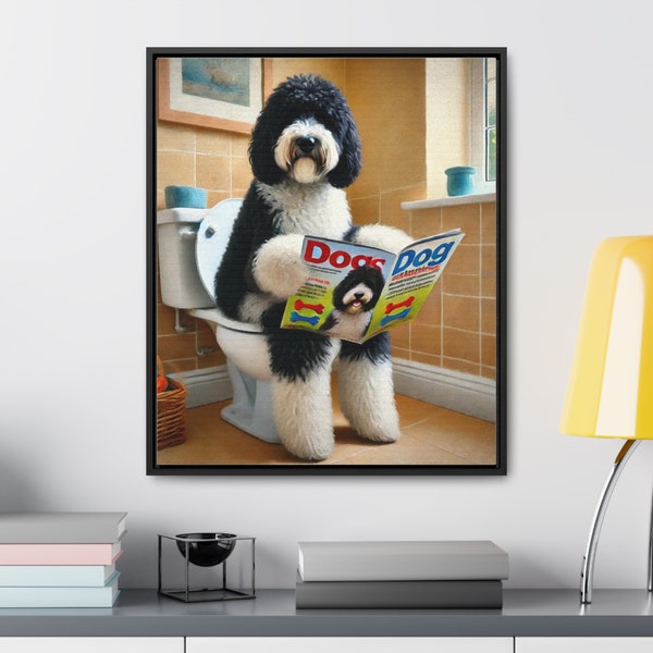 Sheepadoodle Sitting On Toilet Portrait Framed Canvas, Toilet Wall Art, Funny Doodle Bathroom Wall Art, Dog Person Gift, Doodle Dad Gift