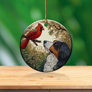 Cardinal and Bernese Mountain Dog Ceramic Ornament, Oil Paint Style Design, Cardinal Lovers Gift, Mothers Day, Bird Lovers, Custom Bird and Dog Gift