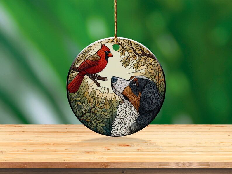 Cardinal and Bernese Mountain Dog Ceramic Ornament, Oil Paint Style Design, Cardinal Lovers Gift, Mothers Day, Bird Lovers, Custom Bird and Dog Gift
