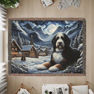 Winter Scene Dog Tapestry, Cozy Mountain Village Art, Large Wall Hanging, Rustic Home Decor, Cottagecore Decor, Cabin Wall Art
