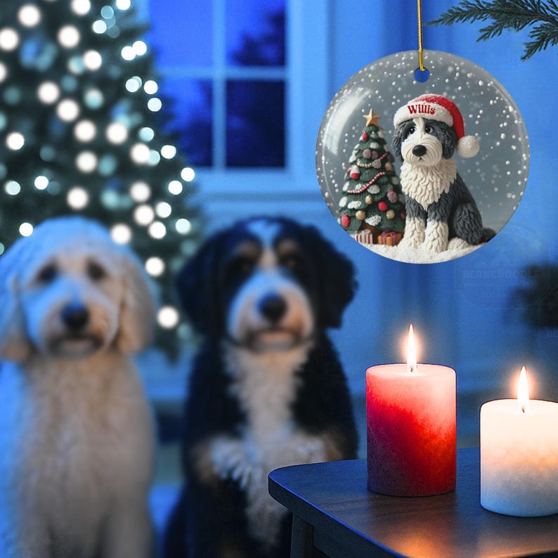 Personalized Sheepadoodle Christmas Ornament, Snow Globe Art Dog Keepsake | Two-Sided Ceramic 3 Inch | Doodle Mom Gift image 3