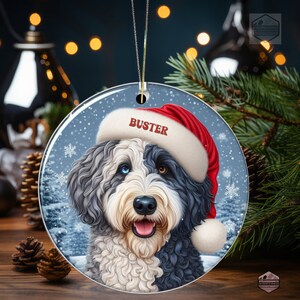 Merle Bernedoodle Ceramic Ornament, showcasing stunning blue eyes. Personalized ornament with your dogs name