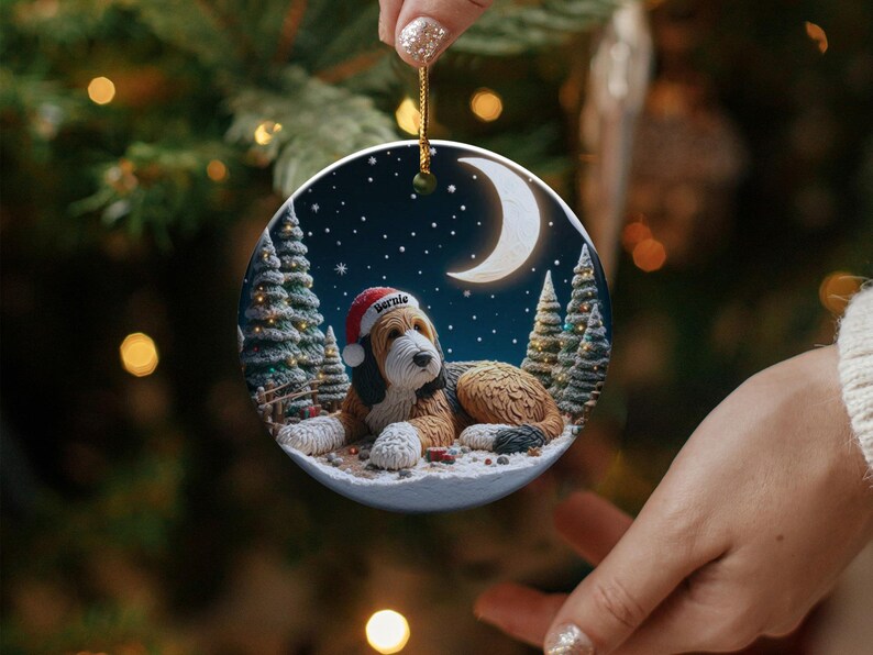 Christmas puppy ornament, cute dog holiday decoration, festive tree decor, moonlit night scene, winter wonderland charm