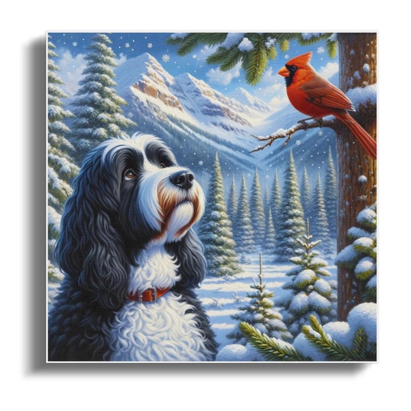 Doodle Dog and Cardinal Canvas Art, Winter Scene, Dog Lover Gift