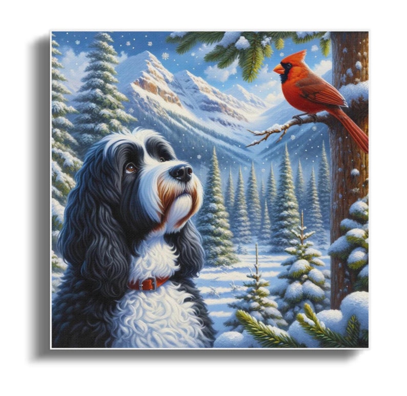Doodle Dog and Cardinal Canvas Art, Winter Scene, Dog Lover Gift image 1