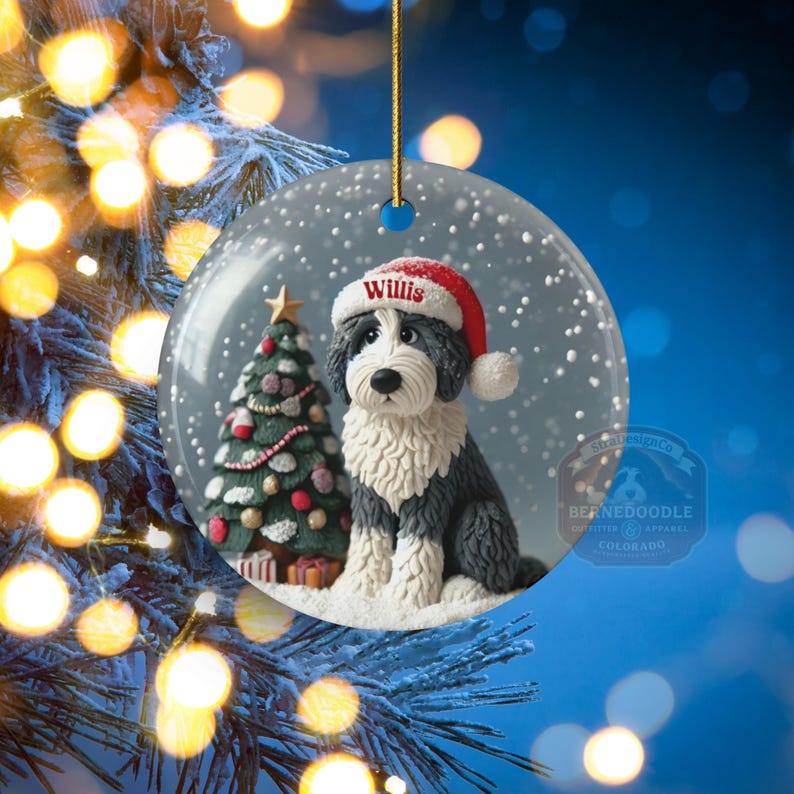 Personalized Sheepadoodle Christmas Ornament, Snow Globe Art Dog Keepsake | Two-Sided Ceramic 3 Inch | Doodle Mom Gift image 2