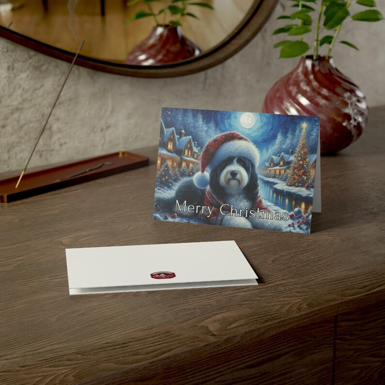 Christmas Greeting Card, Dog in Santa Hat, Holiday Scene, Festive Christmas Card, Seasonal Greetings, Merry Christmas Card