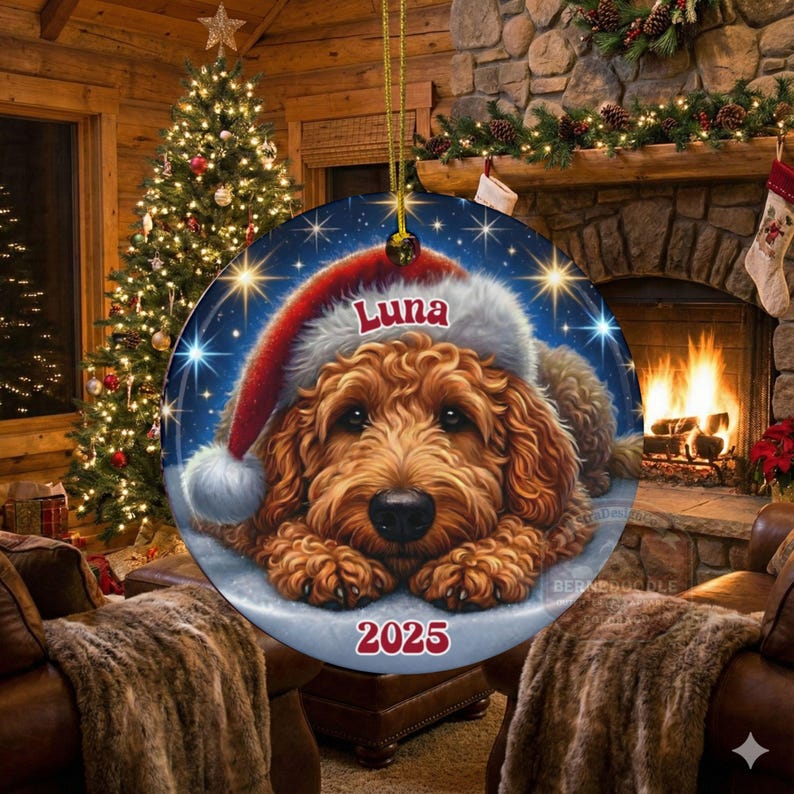 A ceramic ornament of a goldendoodle dog wearing a Santa hat, personalized with the dog's name and the year.  Gorgeously placed in a warm background with candles and Christmas lights.
