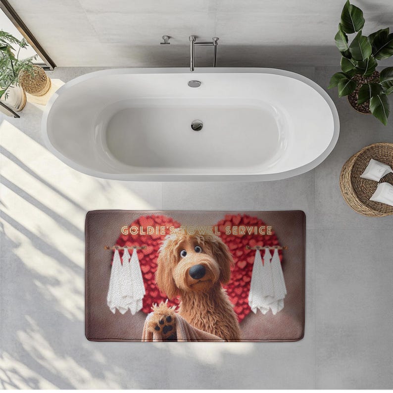 A cute golden doodle stands in front of a fluffy red heart backdrop, holding a brown towel on a cozy bath mat. White towels hang on either side, creating a spa-like feel. The text “Goldie’s Towel Service” sits above the doodle. Perfect for dog lovers, bathroom décor, and pet-themed home accents.