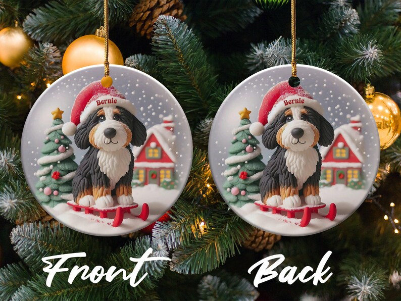 Bernedoodle-ornament, sneeuwbol-stijl met slee-ontwerp | Sublimatiekeramiek | 7,6 cm glanzend aandenken, dubbelzijdige kerstdecoratie afbeelding 6