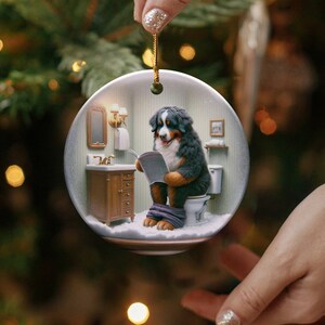 Bernese Mountain Dog Sitting on Toilet Scene Ceramic Ornament, Dog Bathroom Art, Pup Restroom Gifts, Dog Reading a Magazine, Trendy Dog Gift