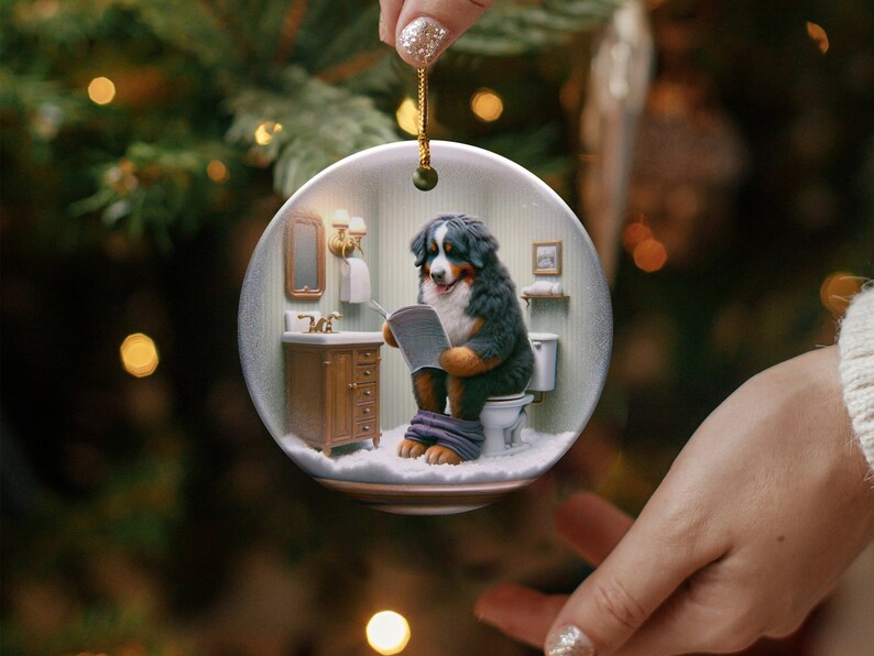 Bernese Mountain Dog Sitting on Toilet Scene Ceramic Ornament, Dog Bathroom Art, Pup Restroom Gifts, Dog Reading a Magazine, Trendy Dog Gift
