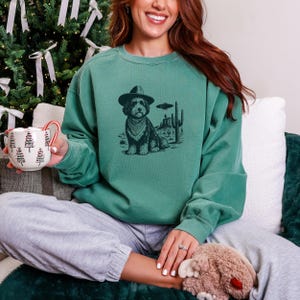 May include: A teal green sweatshirt featuring a graphic of a dog wearing a cowboy hat and bandana, with a desert scene and UFO. The dog is the central focus, with the desert landscape and UFO in the background.