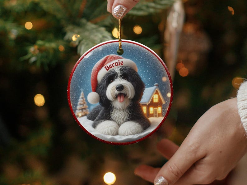 Holiday Christmas Tree Ornament with Dog Photo, Custom Pet Ornament with Santa Hat, Personalized Pet Gift for Holidays