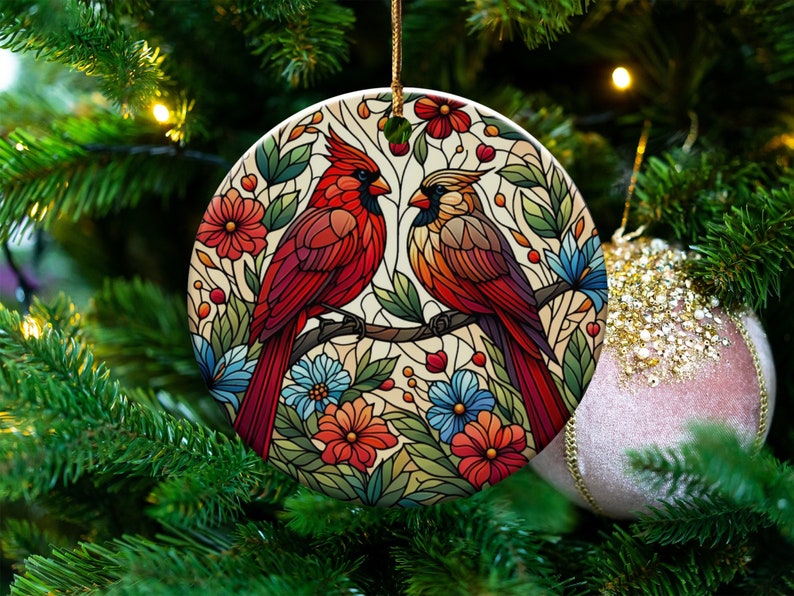 Cardinal Ceramic Ornament, Faux Stained Glass Design image 2