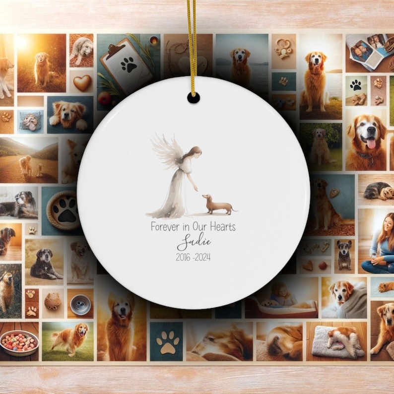 Personalized Doxie Dachshund Tribute ornament, Memorial Watercolor Design, Pet's Name Gift, Custom Pet Name Gift, Personalized Pet Tribute Ceramic Ornament, Pet Loss Gift