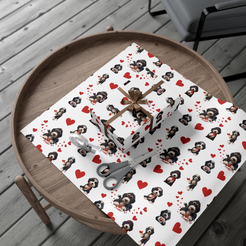 Bernedoodle wrapping paper for all occasions, valentines wrapping paper,valentines wrap, gift wrap bernedoodle, doodle paper, doodle gift wrap, birthday bernedoodle wrap, goldendoodle, merle doodle, doodle paper gifting.