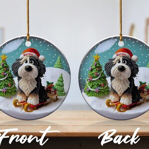 Bernedoodle Sledding, Snow Globe Style Ornament | Ceramic | 3 Inch Personalized Double Sided Keepsake afbeelding 7