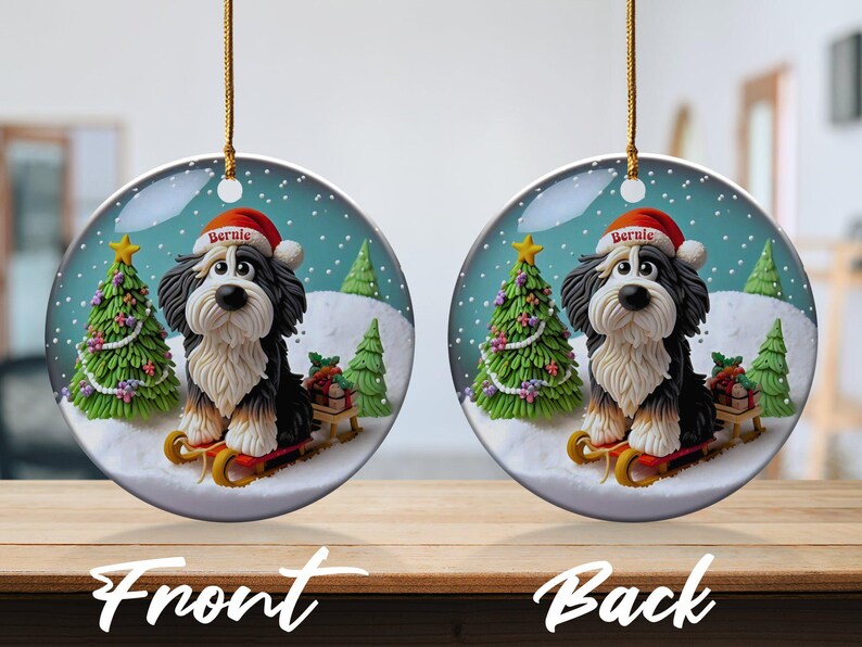 Bernedoodle Sledding, Snow Globe Style Ornament | Ceramic | 3 Inch Personalized Double Sided Keepsake afbeelding 7