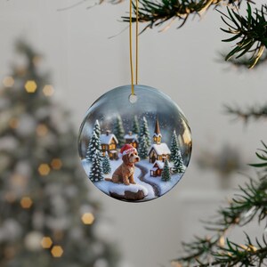 Holiday tree ornament, Christmas tree decor, Festive hanging ornament, Winter village theme, Dog in snow scene, Unique gift