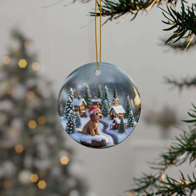 Holiday tree ornament, Christmas tree decor, Festive hanging ornament, Winter village theme, Dog in snow scene, Unique gift