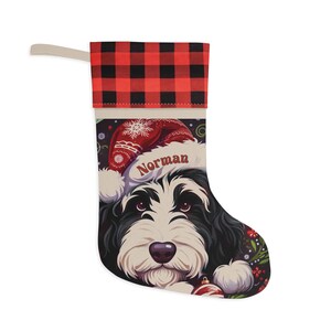 Personalized Bernedoodle Christmas Stocking, Custom Dog Name Santa Hat | Plaid Cuff Pet Stocking | Doodle Mom Gift Bild 5