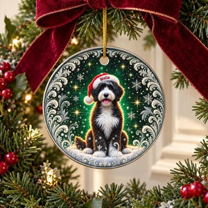 May include: A round ceramic ornament featuring a black and white Bernedoodle dog wearing a red Santa hat with the name Stella printed on it. The dog sits on a snowy surface against a dark green background with white snowflakes and stars.