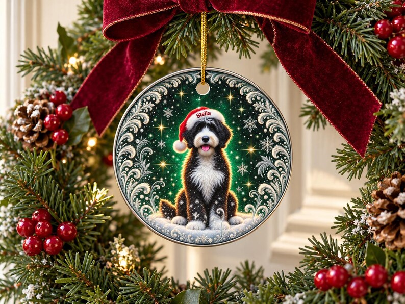 May include: A round ceramic ornament featuring a black and white Bernedoodle dog wearing a red Santa hat with the name Stella printed on it. The dog sits on a snowy surface against a dark green background with white snowflakes and stars.