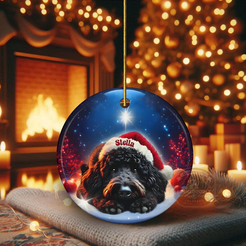 May include: A round Christmas ornament featuring a black dog wearing a Santa hat with the name "Stella". The ornament has a blue background with a star and snow. The ornament is hanging from a gold string.