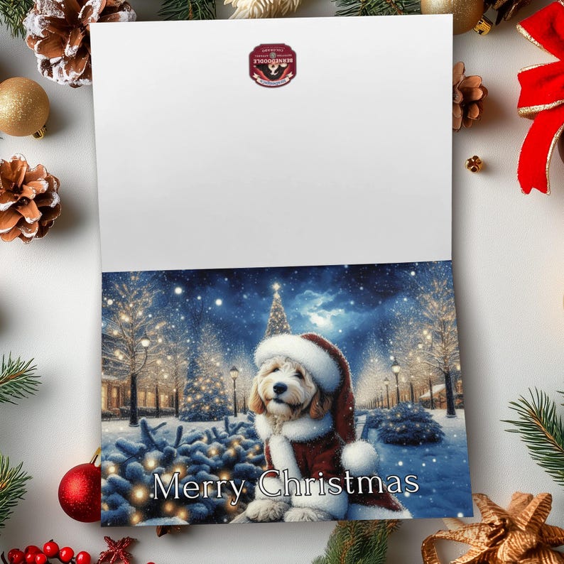 Merry Christmas Greeting Card, Dog in Santa Hat, Winter Holiday Scene, Christmas Card for Dog Lovers, Festive Holiday Card