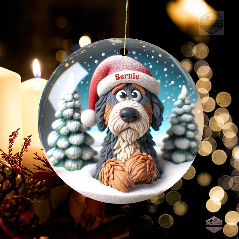 Cute clay style bernedoodle looking worried that Santa isn't coming.  Personalized bernedoodle ornament.
