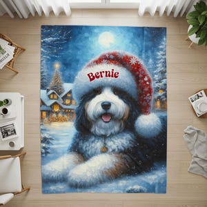 Christmas dog rug, cute Santa hat pet mat, holiday puppy decor, festive home accessory, cozy winter dog art, Christmas decoration