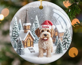 Personalized Goldendoodle Snow Globe Themed Ceramic Ornament Design is Printed on Both Sides