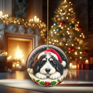 May include: A round Christmas ornament featuring a Bernedoodle dog wearing a Santa hat with the name "Bernie". The ornament has a festive holly and berry border. The background includes a Christmas tree and a fireplace.