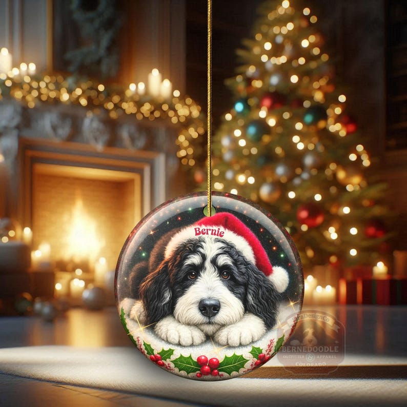 May include: A round Christmas ornament featuring a Bernedoodle dog wearing a Santa hat with the name "Bernie". The ornament has a festive holly and berry border. The background includes a Christmas tree and a fireplace.