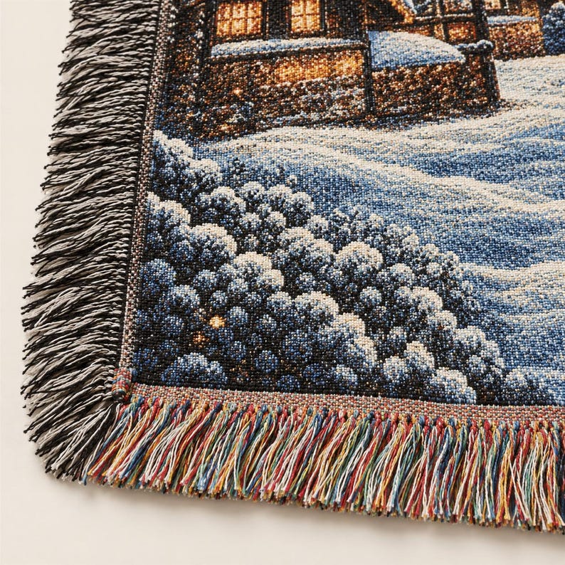 Puede incluir: Una manta de tapiz tejida que muestra una escena invernal con una casa y &aacute;rboles cubiertos de nieve. El dise&ntilde;o utiliza tonos azules, blancos y marrones, con un borde de flecos decorativos en hilos negros, blancos y multicolores.
