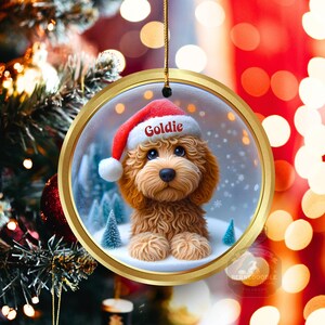 Goldendoodle ceramic 3 inch ornament in vibrant color and claymation style design.  Full gloss and printed on both sides.  It's hung with a gold string.