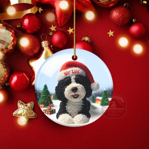 Bernedoodle Ornament, Personalized Ceramic Keepsake | Double Sided Sublimation | Custom Holiday Dog Name Decor image 5