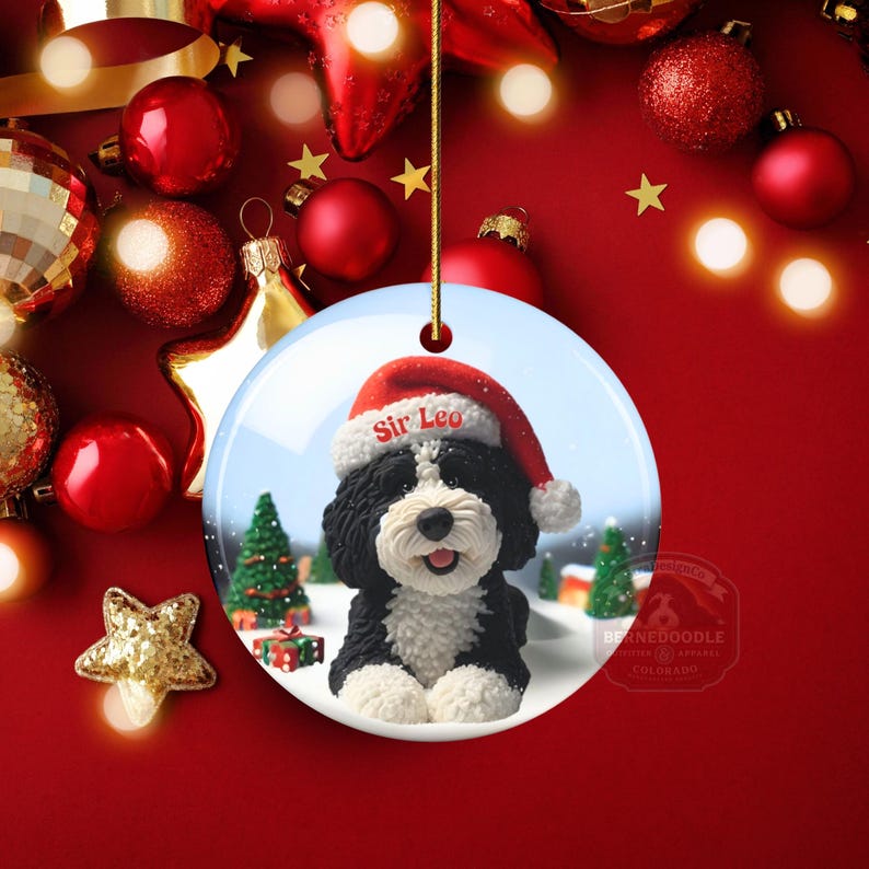 Bernedoodle Ornament, Personalized Ceramic Keepsake | Double Sided Sublimation | Custom Holiday Dog Name Decor image 5