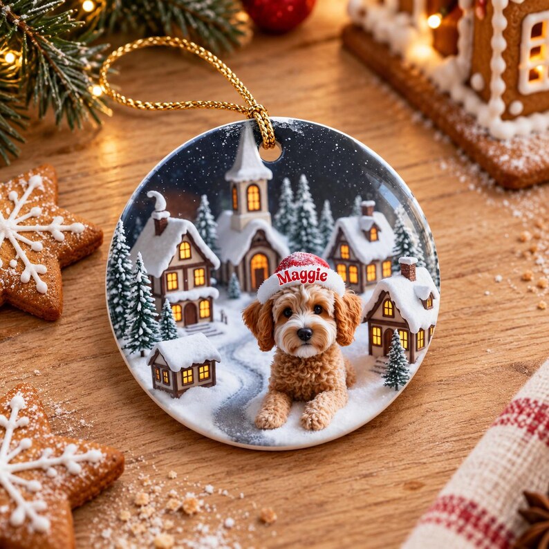 May include: A round ceramic Christmas ornament featuring a golden-brown dog wearing a red and white Santa hat with the name Maggie printed on it. The background shows a snowy village scene with houses, a church, and pine trees.