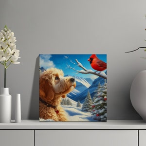 Cuadro de perro Doodle y cardenal, escena invernal. imagen 3