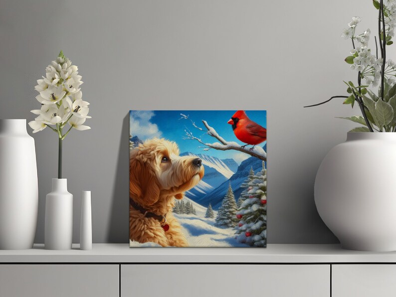 Cuadro de perro Doodle y cardenal, escena invernal. imagen 3
