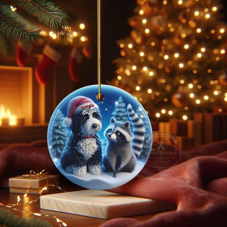 A 3-inch double-sided ceramic Christmas ornament featuring an adorable claymation-style Bernedoodle wearing a red Santa hat personalized  sitting beside a cute raccoon under a snowy winter night sky. The ornament has crisp detailing, soft blue tones, and a warm Christmas glow in the blurred background. Perfect for Bernedoodle lovers, handmade Christmas gift shoppers. High-quality ceramic with vibrant colors, ideal for tree decorating, pet memorial ornaments, or festive seasonal displays.