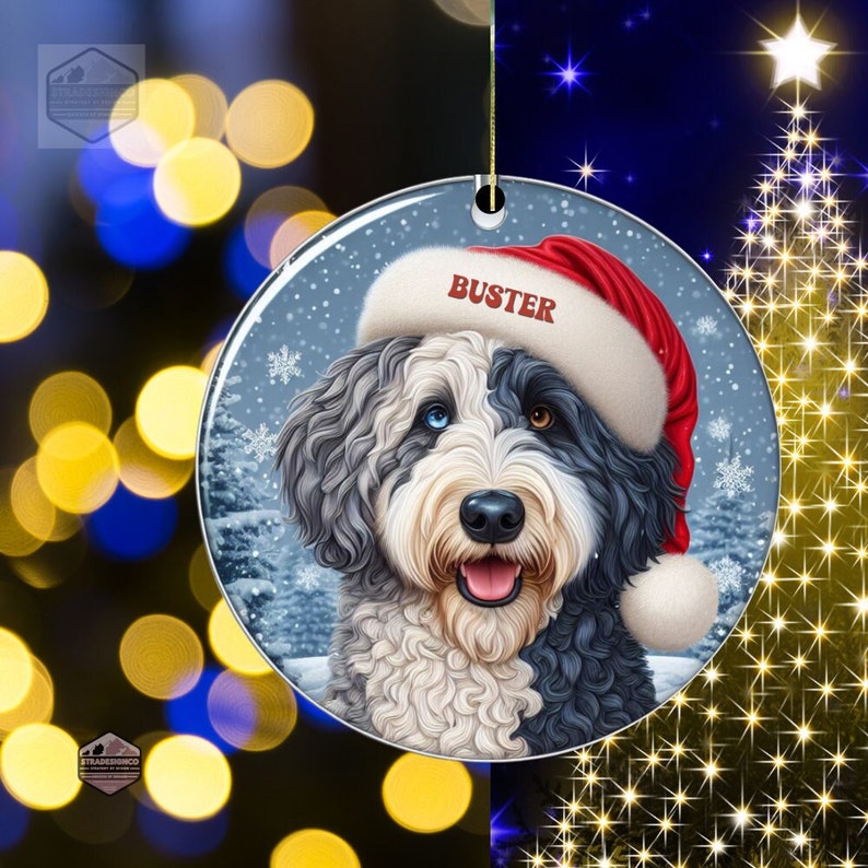 Merle Bernedoodle Ceramic Ornament, showcasing stunning blue eyes. Personalized ornament with your dogs name