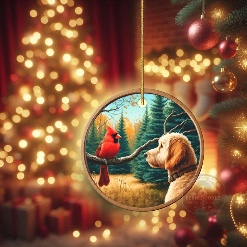 Ornamento de cerâmica com cardeal e cachorro Goldendoodle, estilo pintura a óleo. imagem 15