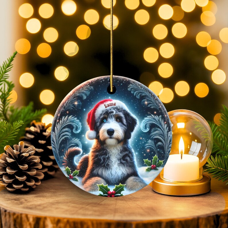 Merle Bernedoodle, Personalized Santa Hat Ornament | Sublimation Ceramic | Custom Dog Lover Gift image 5