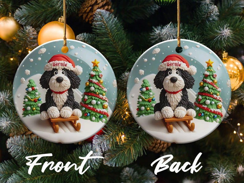 Christmas Ornament, Festive Dog On Sled - Claymation Style Artwork | Sublimation Ceramic | 3-Inch Double-Sided Holiday Decor image 3