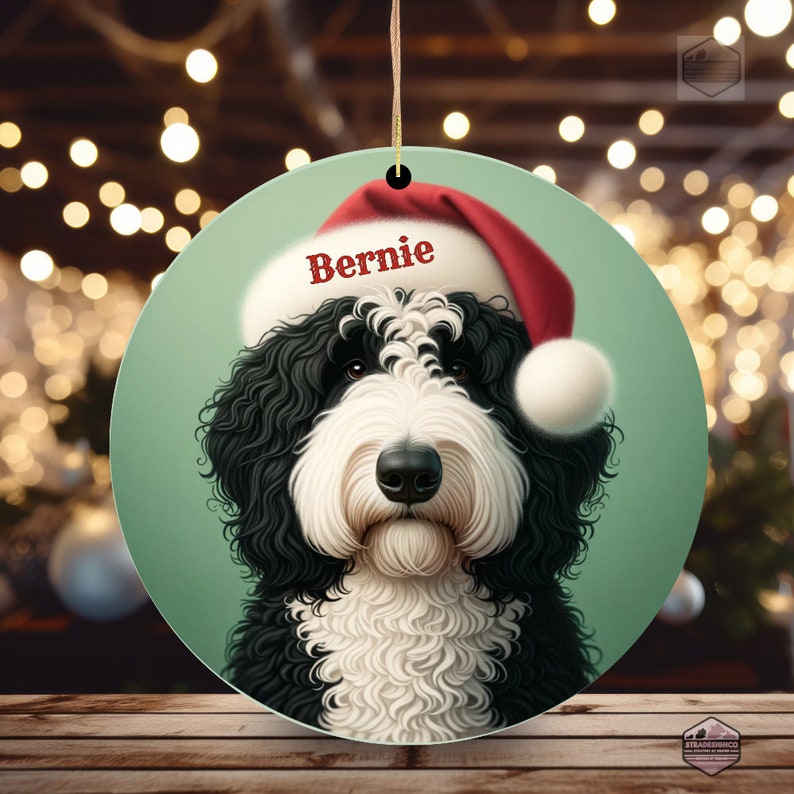 Personalized Bernedoodle Ornament with Santa Hat - Handcrafted Dog Christmas Decor
