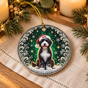 May include: A round ceramic Christmas ornament featuring a black and white Bernedoodle dog wearing a red Santa hat with the name Stella printed on the brim. The background is a dark green starry sky with white snowflakes and silver filigree.