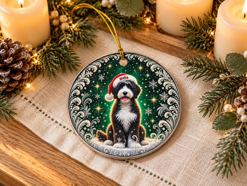 May include: A round ceramic Christmas ornament featuring a black and white Bernedoodle dog wearing a red Santa hat with the name Stella printed on the brim. The background is a dark green starry sky with white snowflakes and silver filigree.